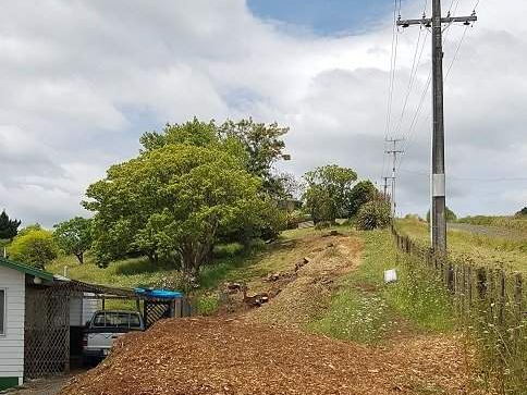 After: the conifers gone, the power lines clear and the ground left covered in wood chip mulch